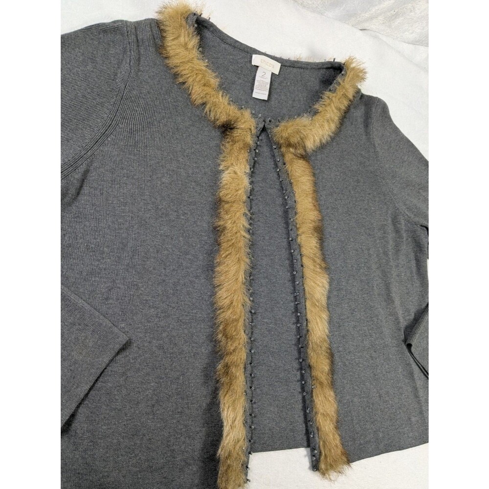 Chico's Size 2 L Gray Cardigan Sweater Faux Fur Trim Silk Blend Hook Eye